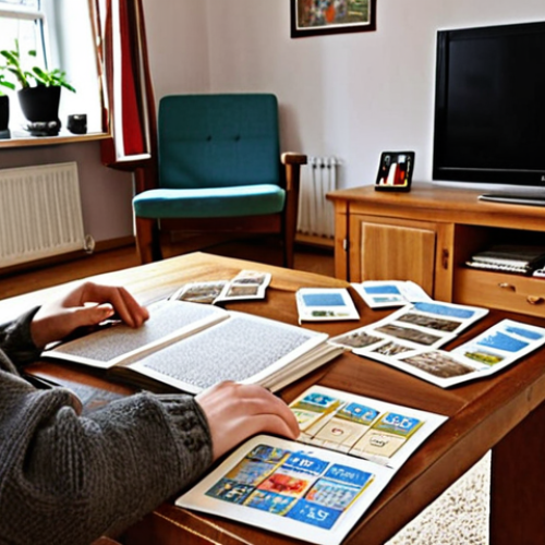 Home 4 **A cozy living room with a person watching a German "Krimiserie" (crime series) on TV, surrounded by vocabulary flashcards and a German dictionary. The scene evokes a sense of focused learning and immersion in the German language and culture.**