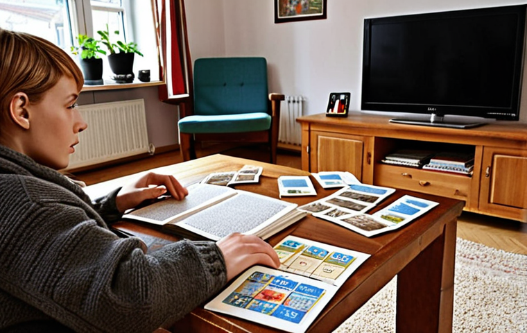 **A cozy living room with a person watching a German "Krimiserie" (crime series) on TV, surrounded by vocabulary flashcards and a German dictionary. The scene evokes a sense of focused learning and immersion in the German language and culture.**