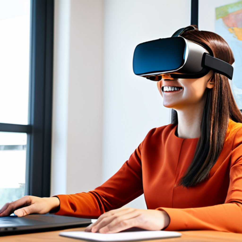 A professional young adult, fully clothed in modest, contemporary business-casual attire, wears a sleek virtual reality headset, seated comfortably at a modern, minimalist desk in a bright, sunlit home office. Their expression shifts from initial thoughtful concentration to a confident, relaxed smile as they engage with a virtual language partner. A subtle holographic interface displaying positive language learning feedback is visible in the air. The image captures the essence of modern, technology-enhanced language learning, overcoming speaking anxiety. Safe for work, appropriate content, fully clothed, professional dress, perfect anatomy, correct proportions, natural pose, well-formed hands, proper finger count, family-friendly, high-quality digital illustration.