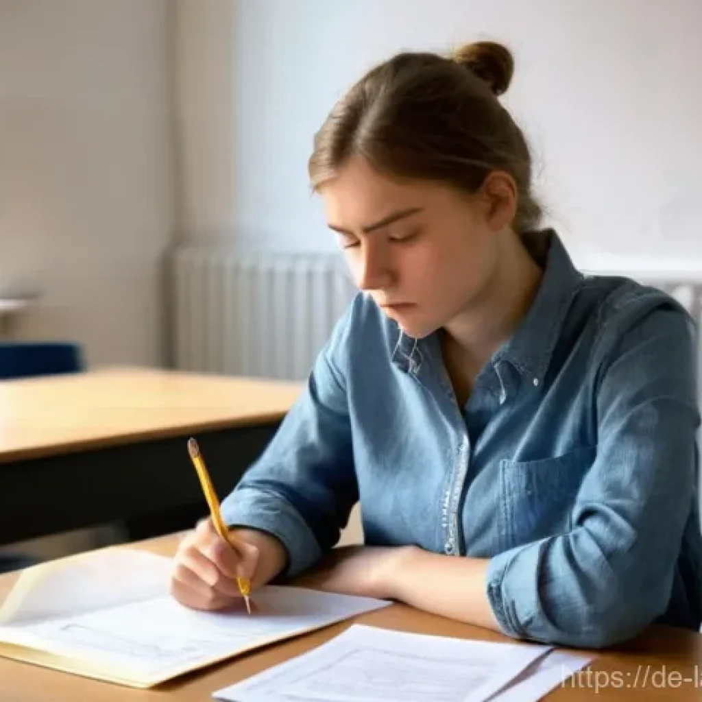 언어 교육에서의 표준화된 평가 - **Prompt:** A young adult female student (20s), visibly stressed and with a furrowed brow, sits at a...