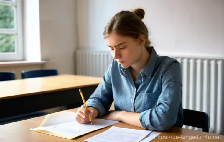 언어 교육에서의 표준화된 평가 - **Prompt:** A young adult female student (20s), visibly stressed and with a furrowed brow, sits at a...
