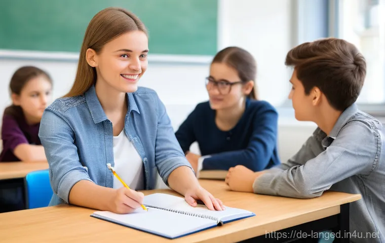 언어 교육에서의 형성 평가 - **Prompt 1: Teacher as Coach – Empowering Feedback in a Modern German Classroom**
    "A vibrant, br...