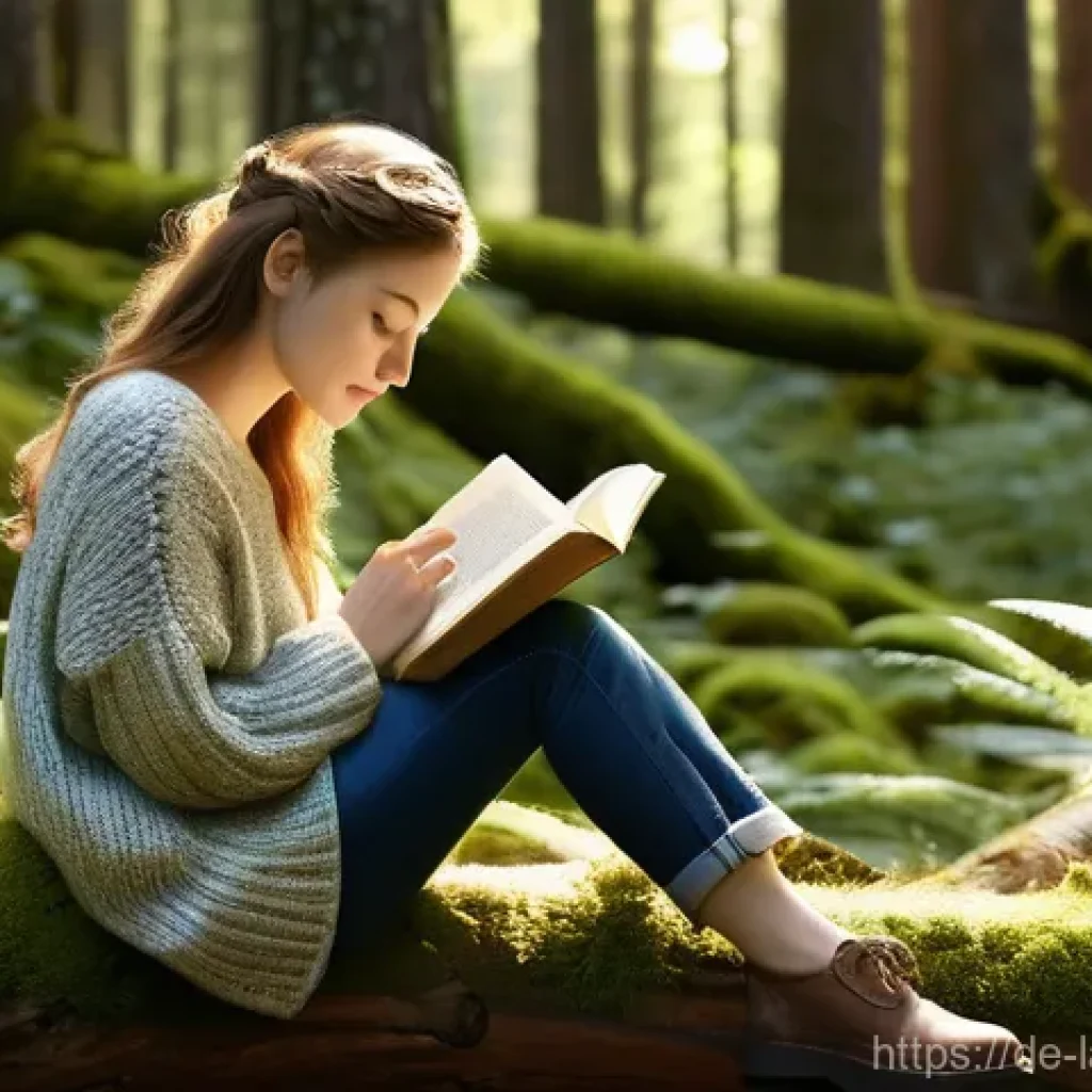 언어 교육학의 글로벌 트렌드 - A serene and captivating scene of a young woman, in her early twenties, peacefully reading a book. S...