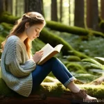 언어 교육학의 글로벌 트렌드 - A serene and captivating scene of a young woman, in her early twenties, peacefully reading a book. S...