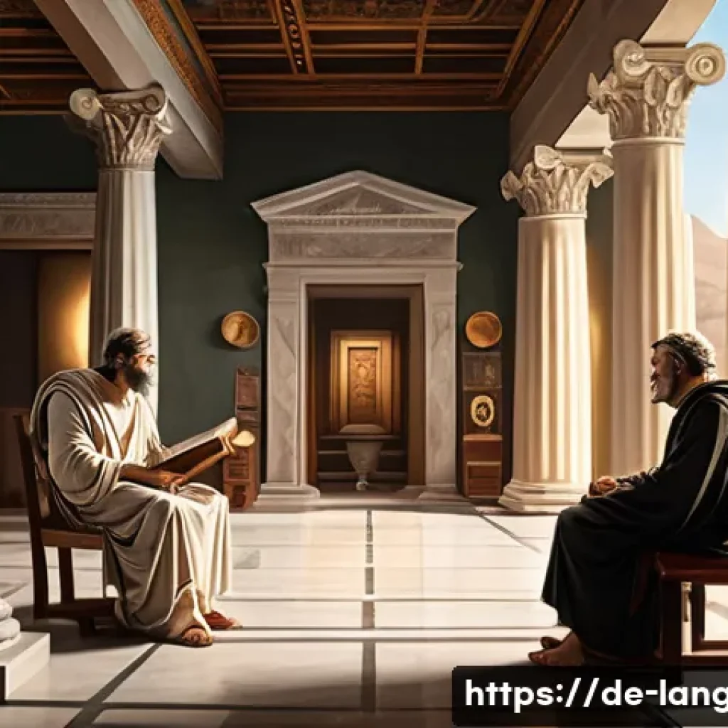 언어교육학 역사 - A detailed and realistic digital painting of an ancient Greek philosopher’s study room, featuring Pl...