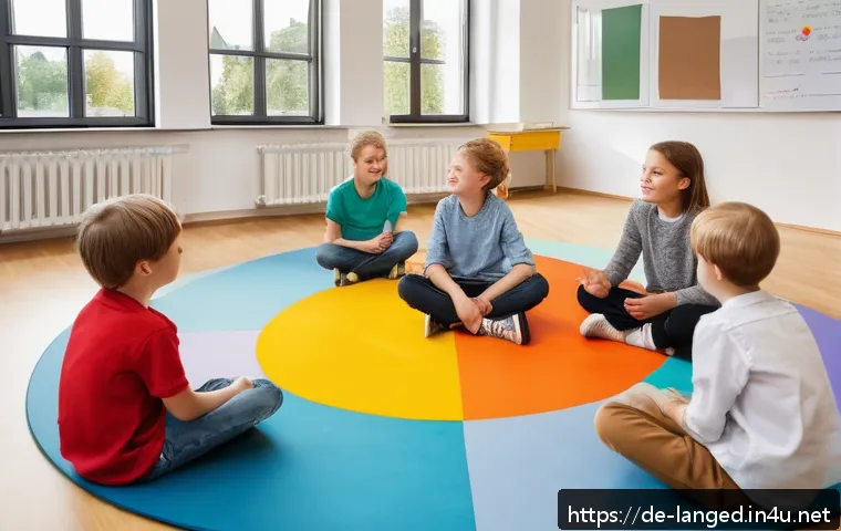 언어 교육에서의 스토리텔링 기법 - A lively classroom scene in a modern German school, where a diverse group of young students aged aro...