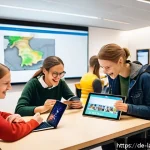 언어 교육에서의 영상 교육 - A modern language classroom scene in Germany, featuring a diverse group of adult students engaging a...