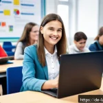 언어 교육에서의 학습 성과 평가 - A modern classroom scene in Germany showing a diverse group of adult learners using adaptive learnin...