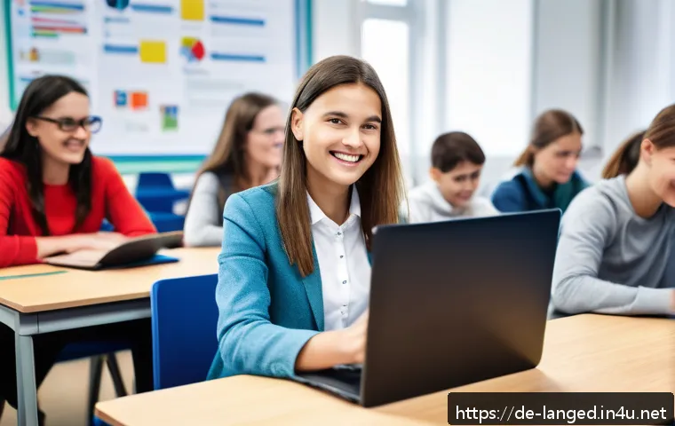 언어 교육에서의 학습 성과 평가 - A modern classroom scene in Germany showing a diverse group of adult learners using adaptive learnin...