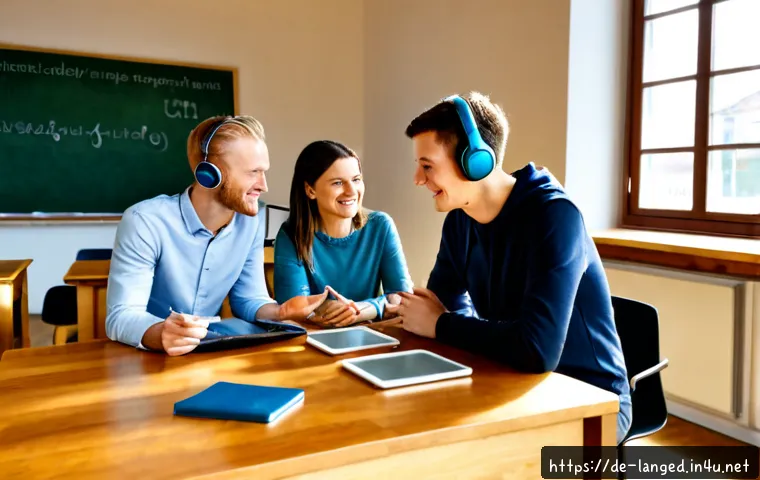 언어교육학의 미래 - Photorealistic modern language-learning classroom in Germany, diverse adult students wearing smart h...